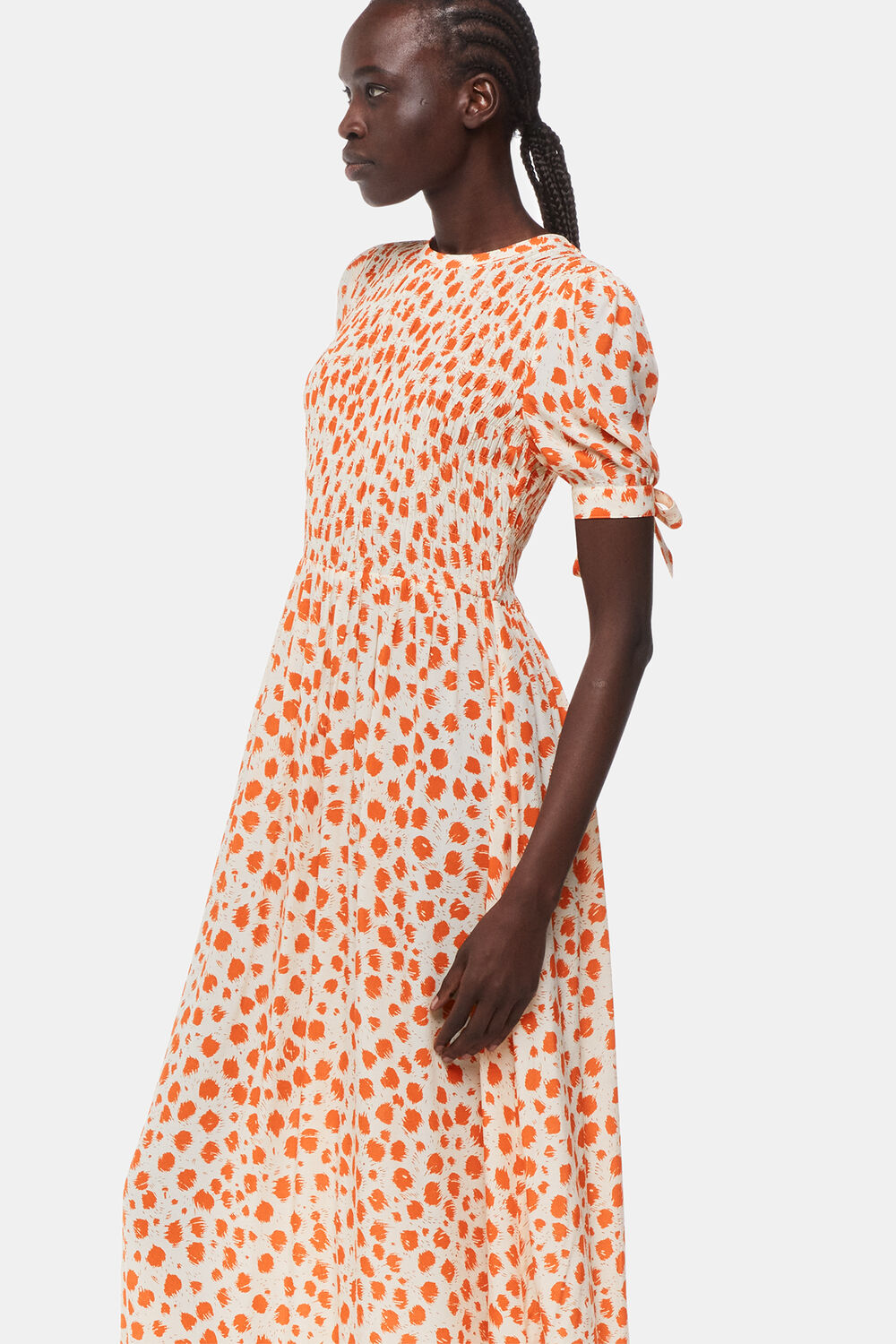 Spot Shirred Midi Dress